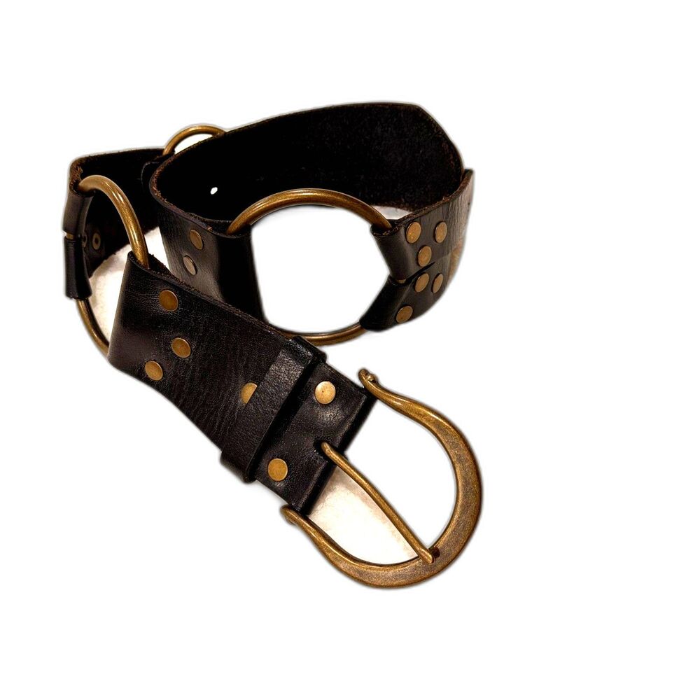 Vintage Cabi Wide Black Leather Brass Belt Brown Small Chunky O-Ring Statement